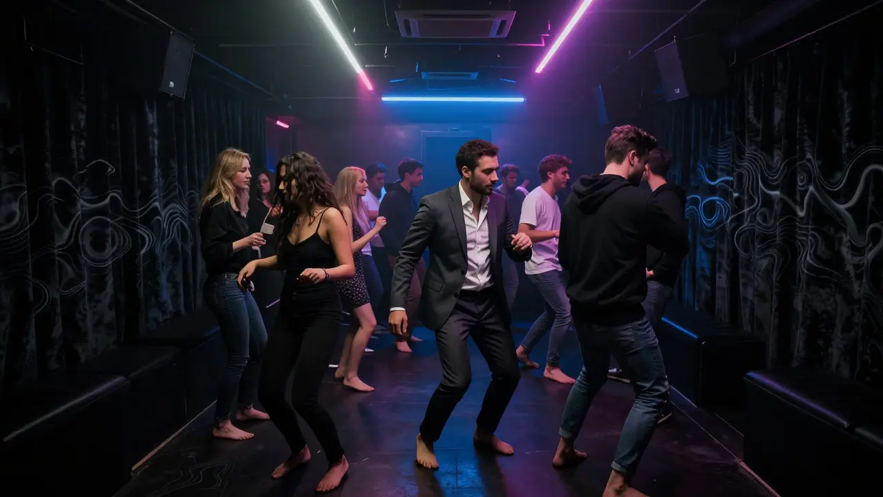 Underground club with strobe lights and diverse crowd dancing, dark walls and vibrant energy.