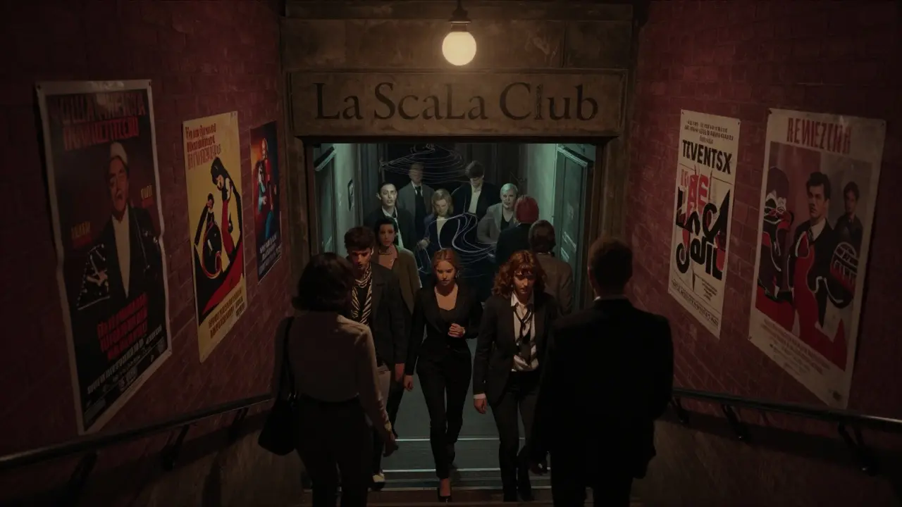 Underground entrance to La Scala Club with a crowd descending stairs in dim neon glow.