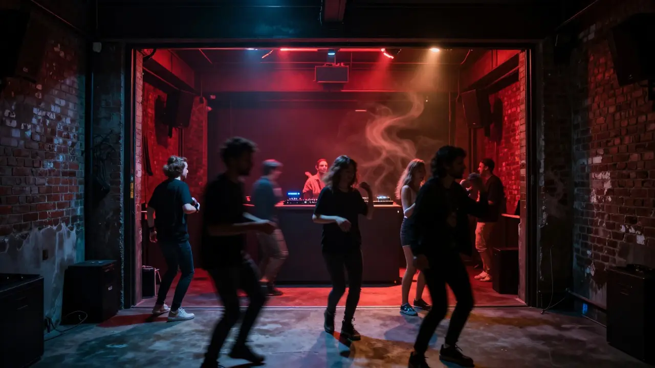 Underground nightclub with red lighting and dancers lost in deep bass, industrial warehouse setting, no signs or neon.