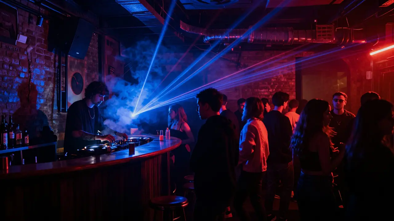 Underground techno club with dramatic lighting and a crowd dancing to deep bass.