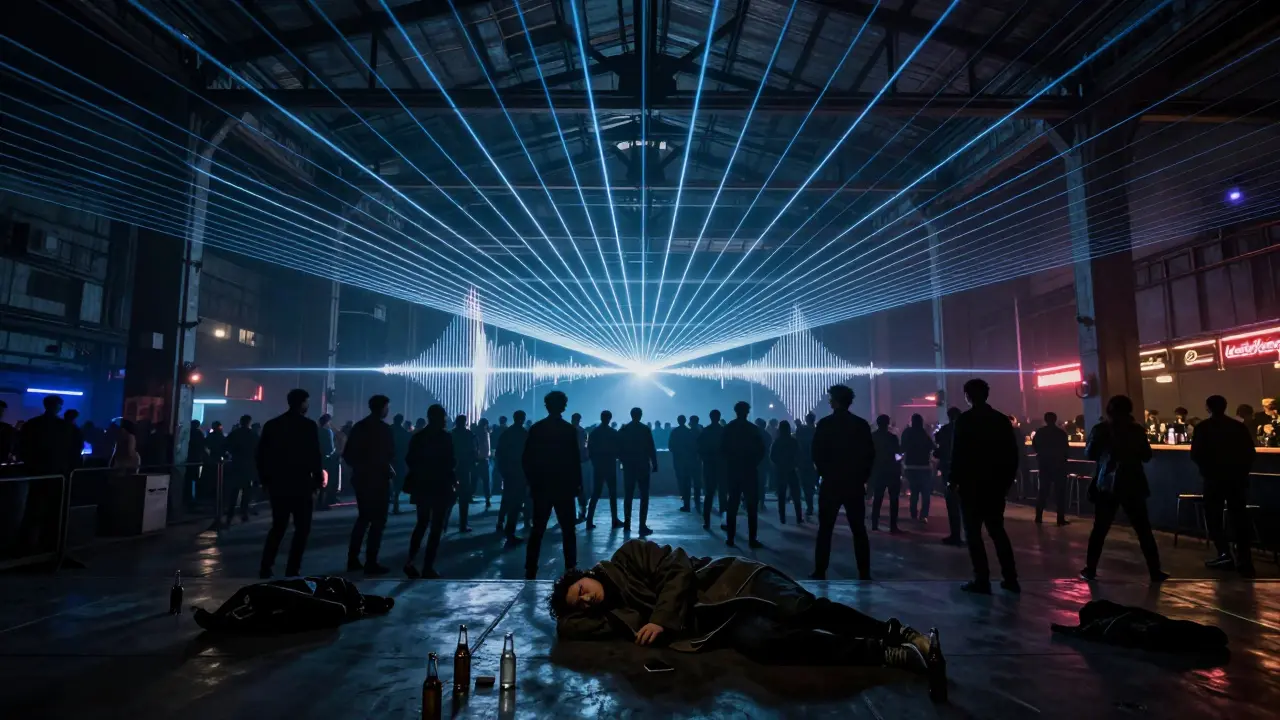 Vast nightclub interior with lasers and dancers under pulsing lights at dawn.