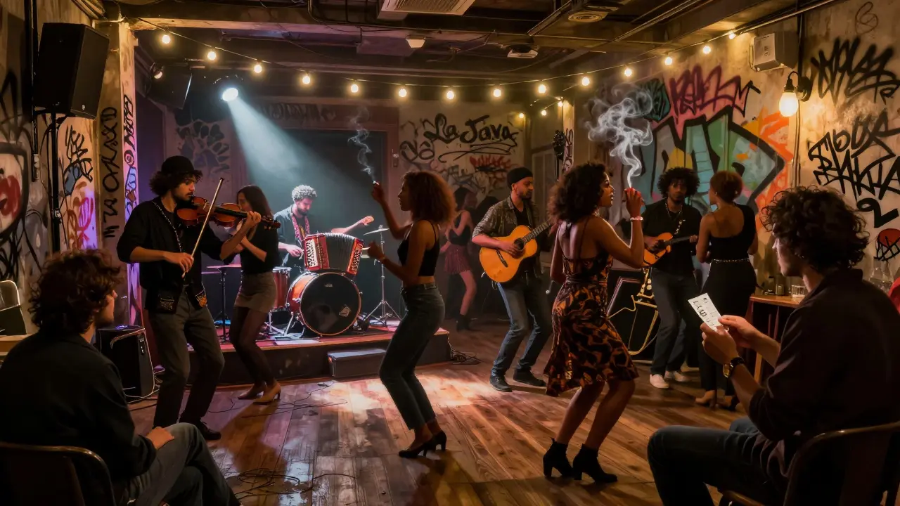 Vibrant underground jazz venue with graffiti walls and a diverse crowd dancing under string lights.