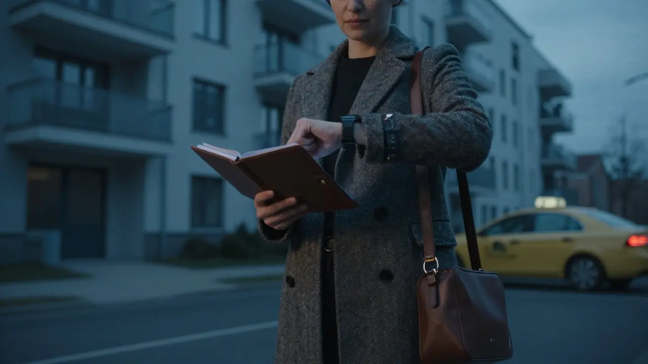Woman waiting outside an apartment building in Berlin, holding a planner, exuding professionalism and discretion.