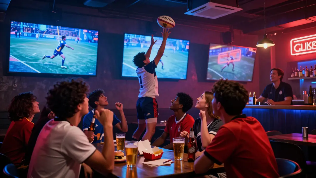 Youthful crowd at a sports bar celebrating a rugby score, glowing screens and neon lights in the background.