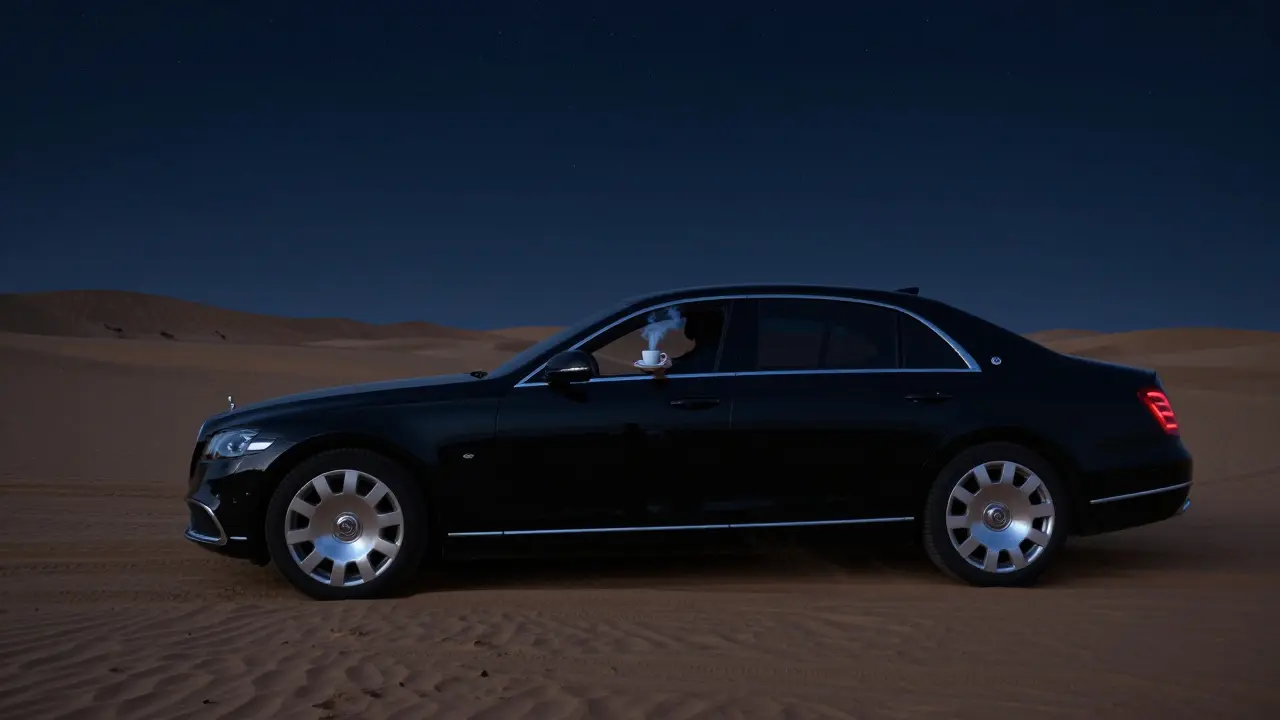 A black luxury car waits at the desert’s edge under a starlit sky, a cup of coffee on the open door, no faces visible.