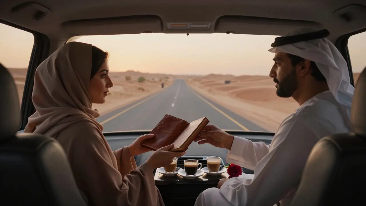 A companion and client sharing a book in a luxury car as the desert glows at sunset, coffee cups on a small table.