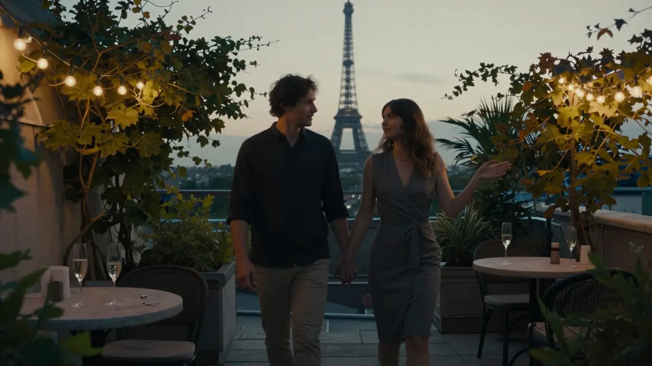 A couple and their companion walking together on a quiet rooftop garden as the Eiffel Tower glows in the distance.