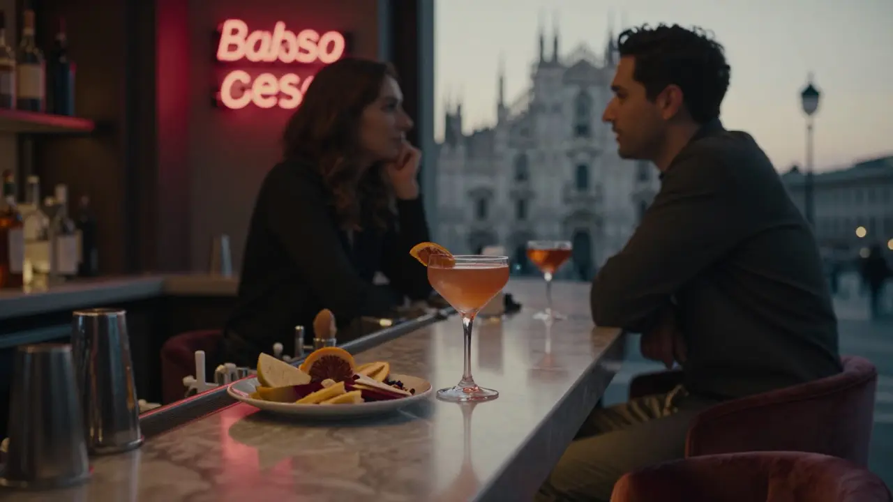 A couple enjoying an aperitivo at a historic Milanese bar, with the Duomo visible in the background.