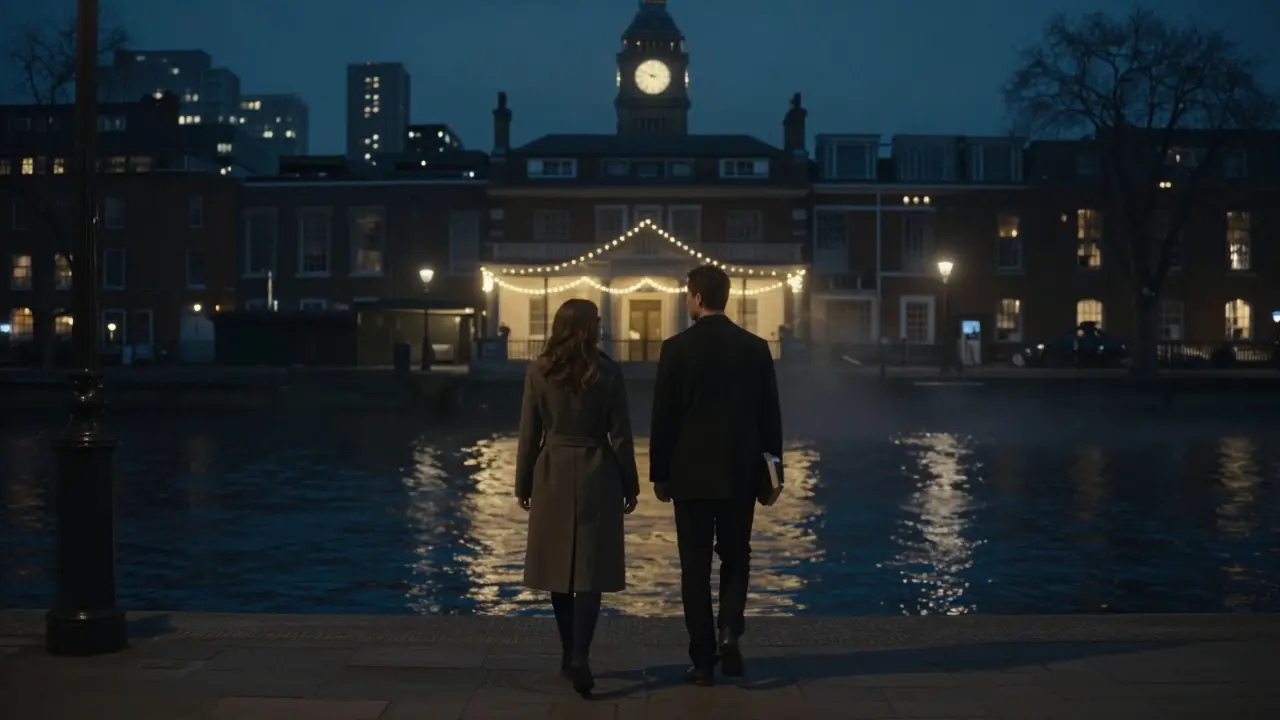 A couple walking along the Thames at night, city lights reflecting on water, hidden courtyard glowing faintly behind them.