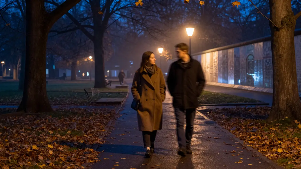 A couple walking silently through Tiergarten park at night, autumn leaves swirling around them.