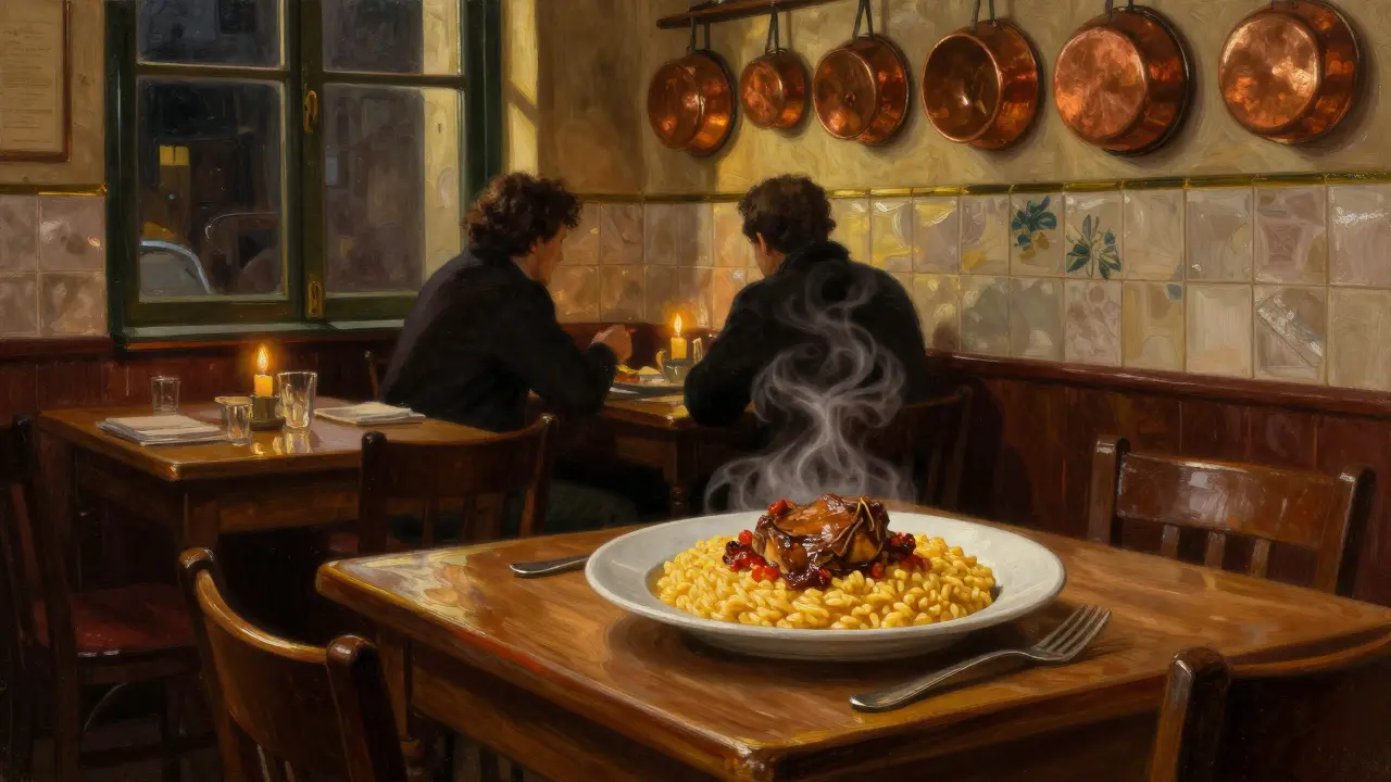 A cozy Italian trattoria interior with steaming risotto and ossobuco on a candlelit table.