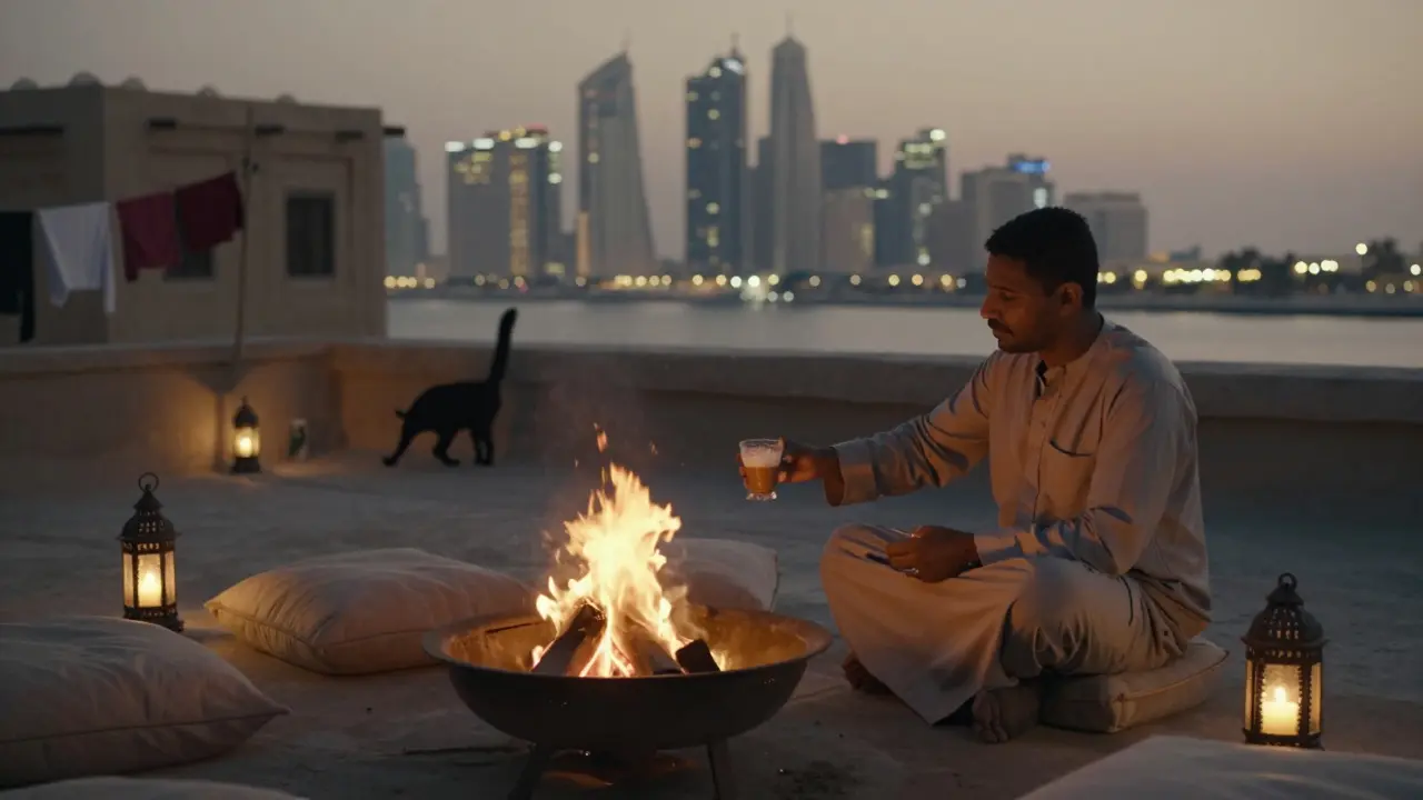 A cozy rooftop terrace with lanterns, a fire pit, and someone serving chai beside the Dubai Creek skyline.
