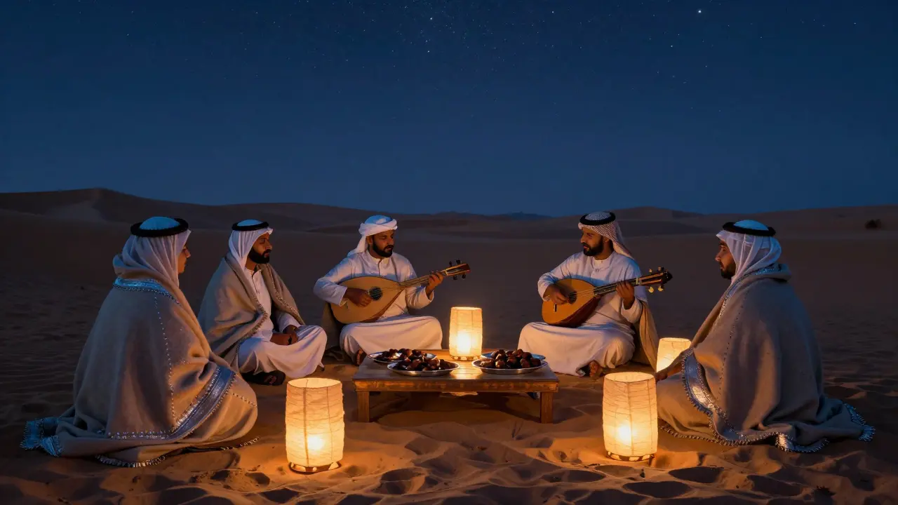 A desert lounge under a starry sky with lanterns, a musician playing oud, and guests wrapped in wool blankets.