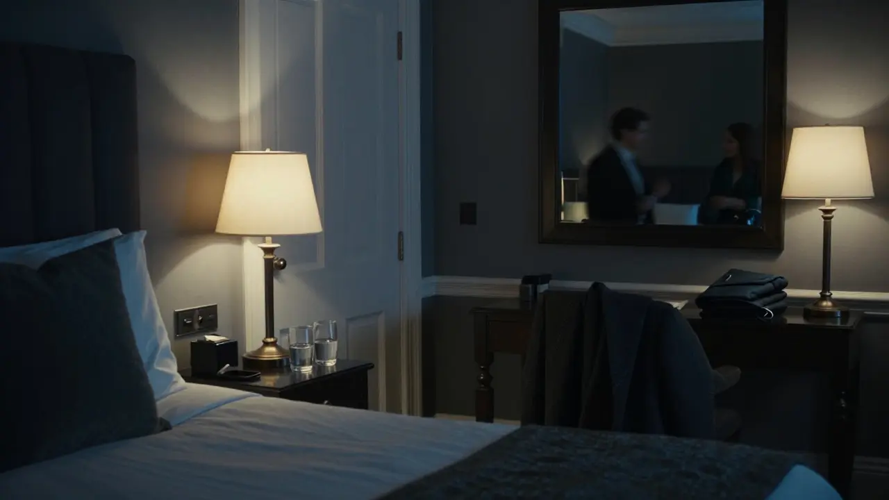 A dimly lit hotel room in London with glasses and a coat on a chair, no people visible.