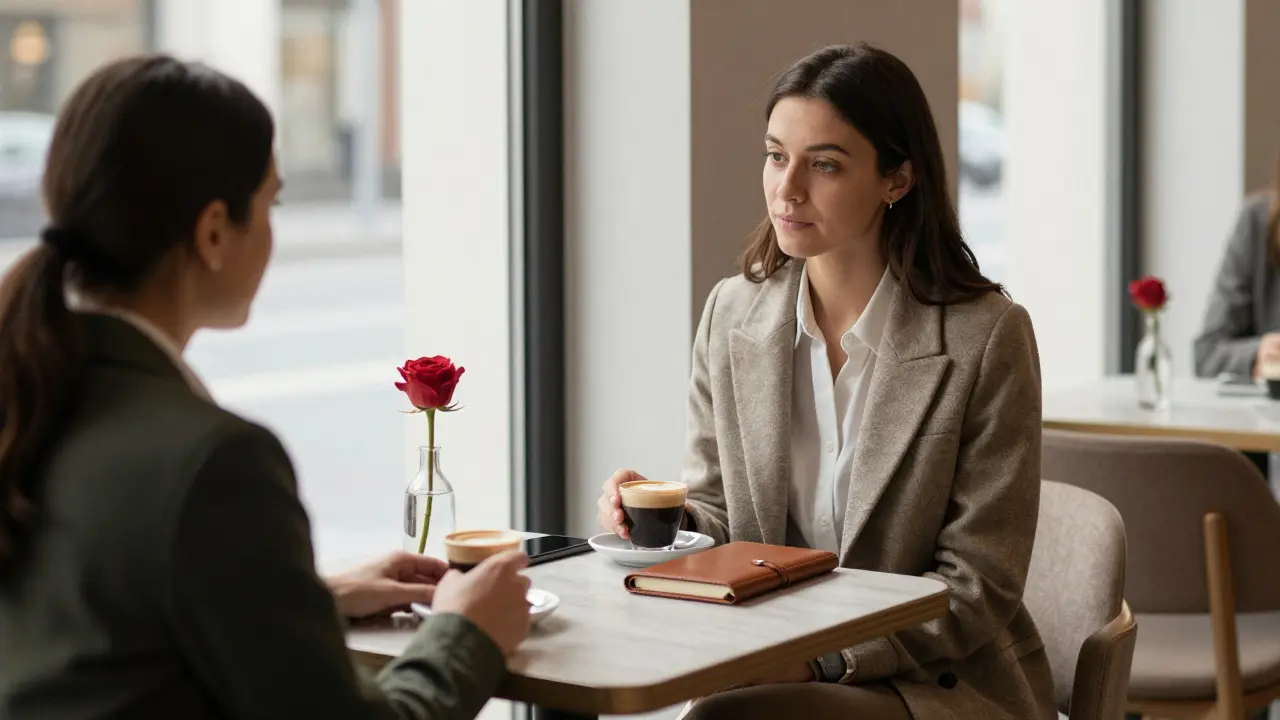 A discreet meeting in a quiet Milan café, no phones, just conversation.