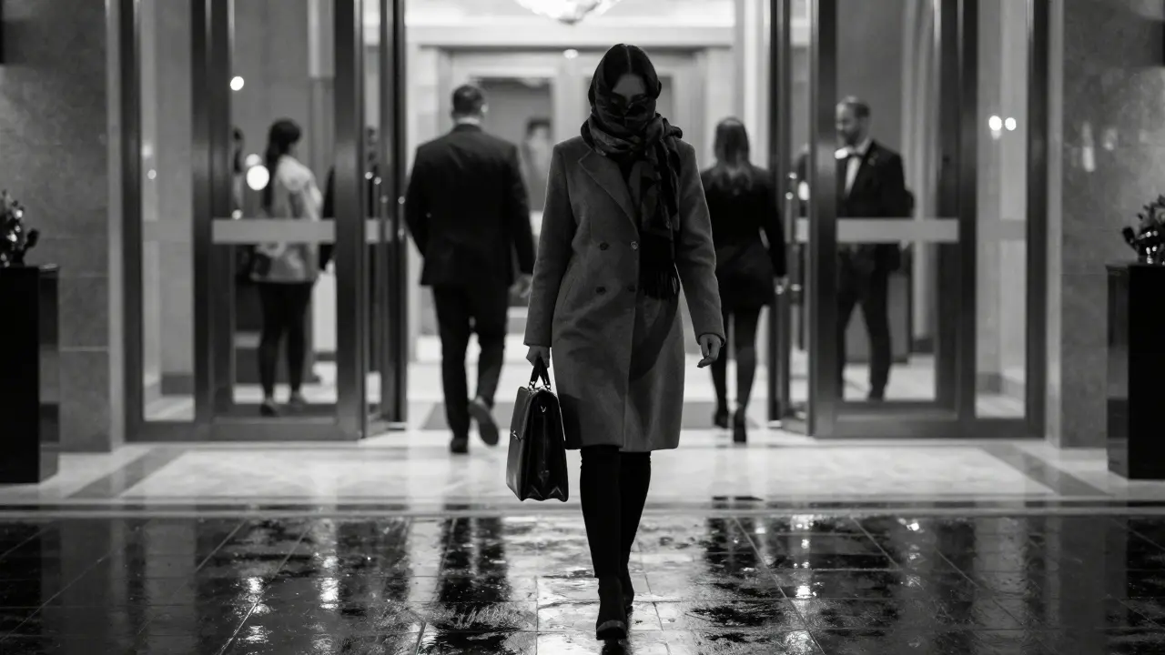 A discreet woman walks away from a luxury hotel at night, her identity hidden, embodying privacy and professionalism.