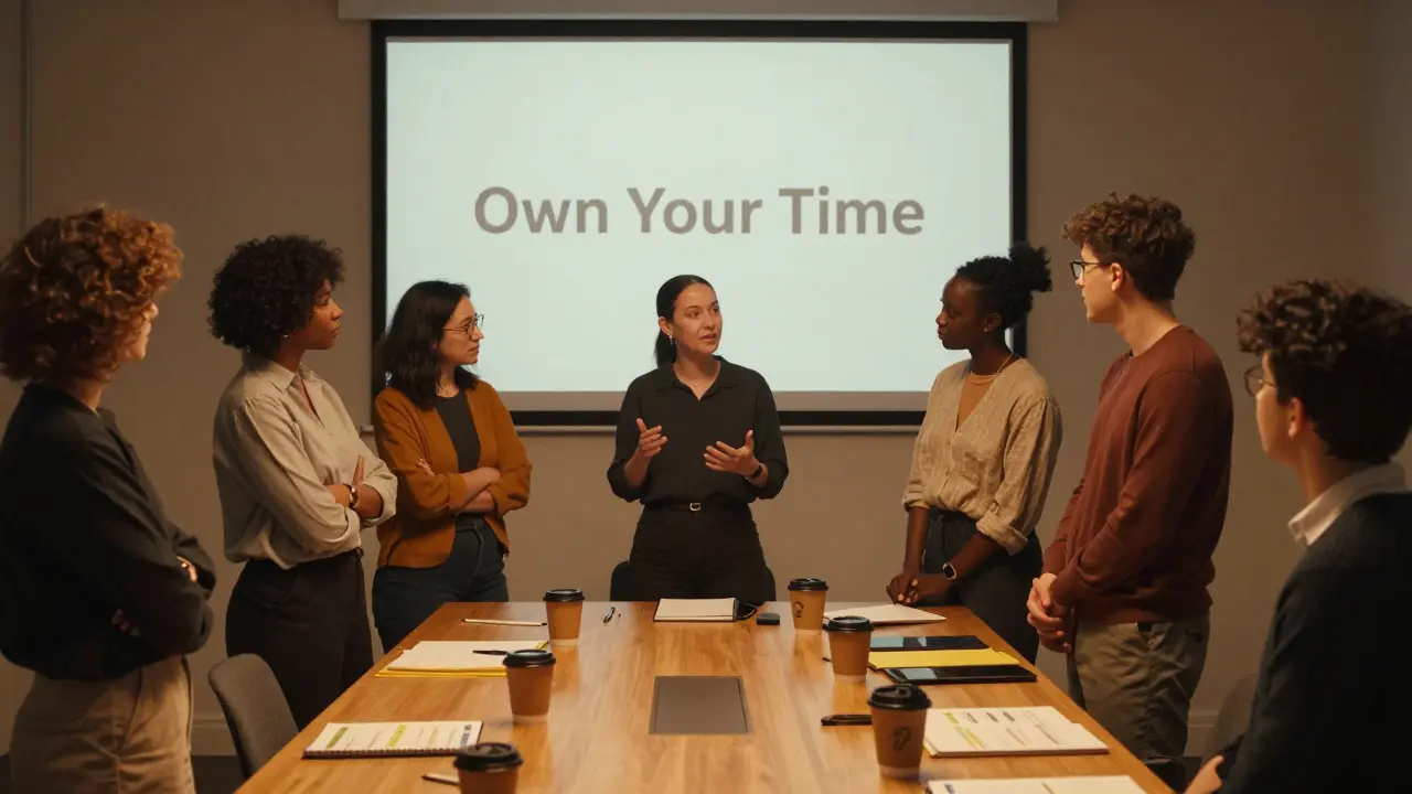 A diverse group gathers at a quiet conference, sharing tools and support in a safe, empowering space.