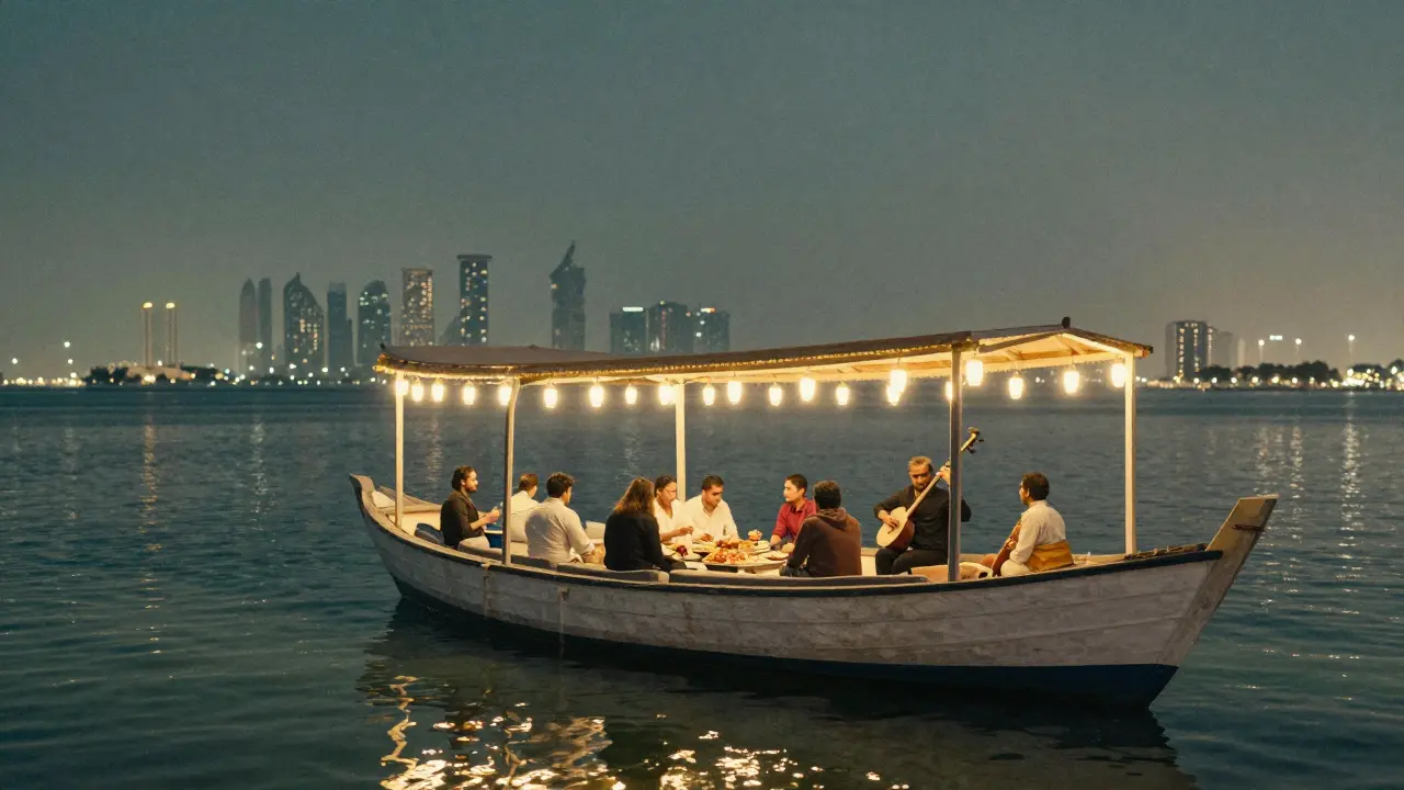 A floating lounge on the Corniche at midnight, lit by lanterns over calm water.