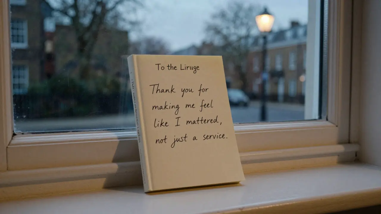 A handwritten note left on a windowsill beside a book, symbolizing a meaningful human connection.
