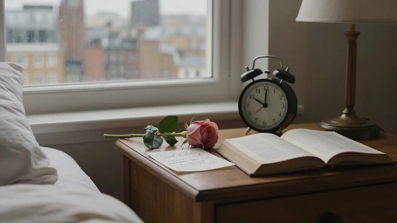 A handwritten note, rose, and open book on a nightstand beside a clock showing 2:17 a.m., rain outside the window.