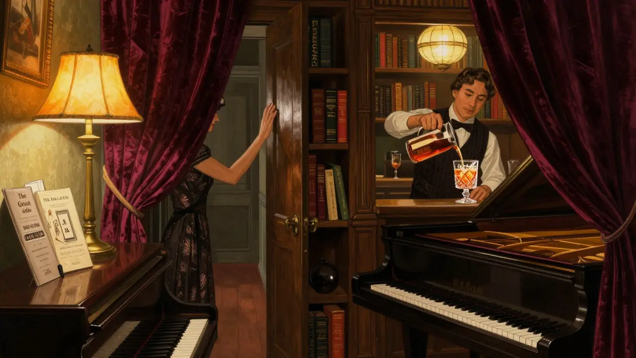 A hidden bookshelf opens to reveal a 1920s-style lounge where a bartender pours a saffron-infused drink.