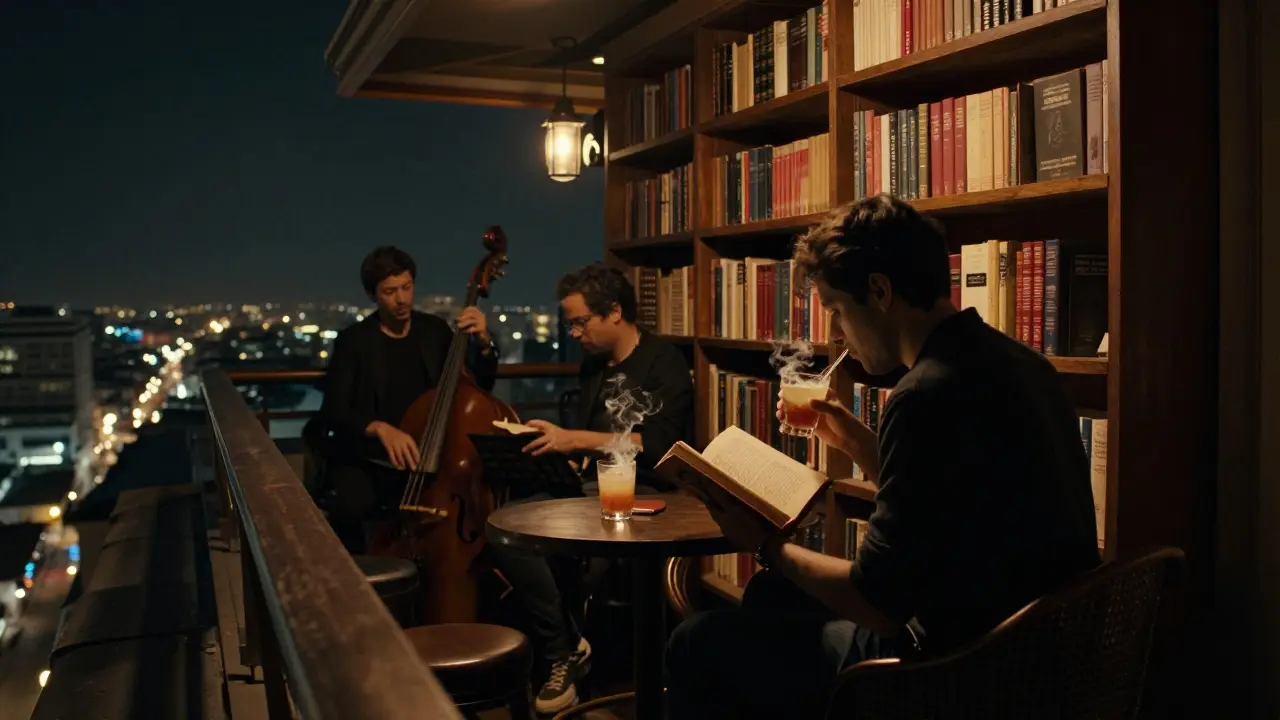 A hidden rooftop bar with bookshelves and soft jazz in the night.