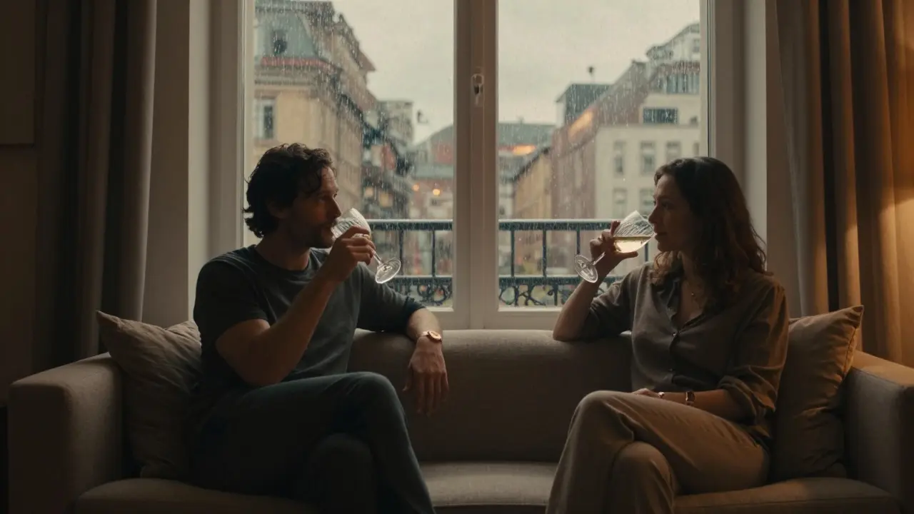 A man and woman share a quiet moment indoors, sipping wine as the city lights glow beyond a rainy window.