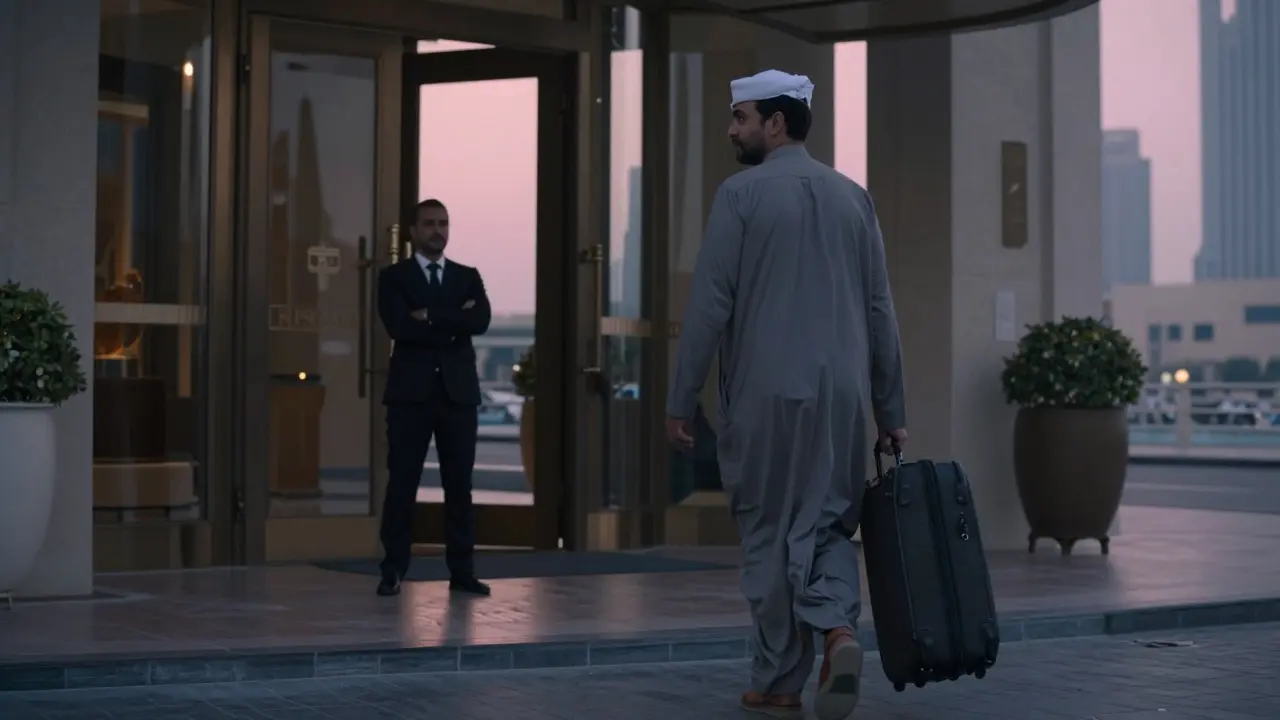A man leaves a Dubai hotel at dawn as an escort watches silently from the doorway, no words, only dignity.