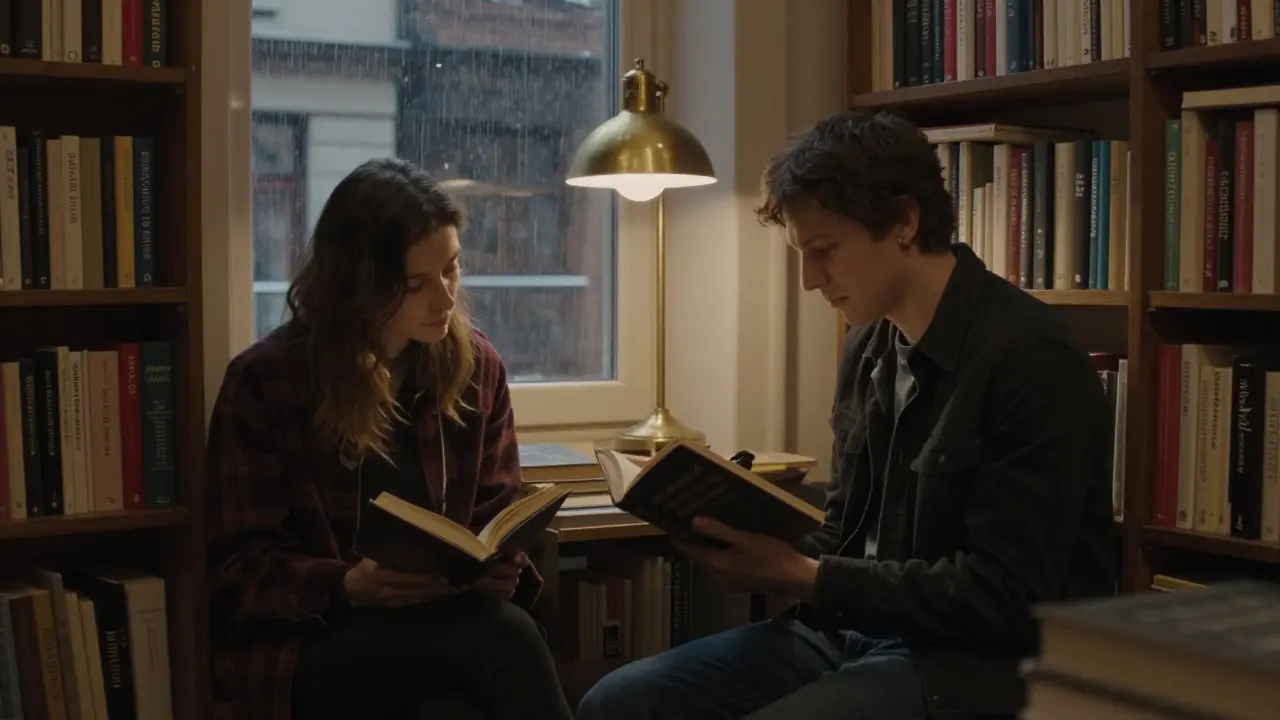 A man listening to a woman read poetry in a cozy, book-filled Berlin bookstore under warm lamplight.