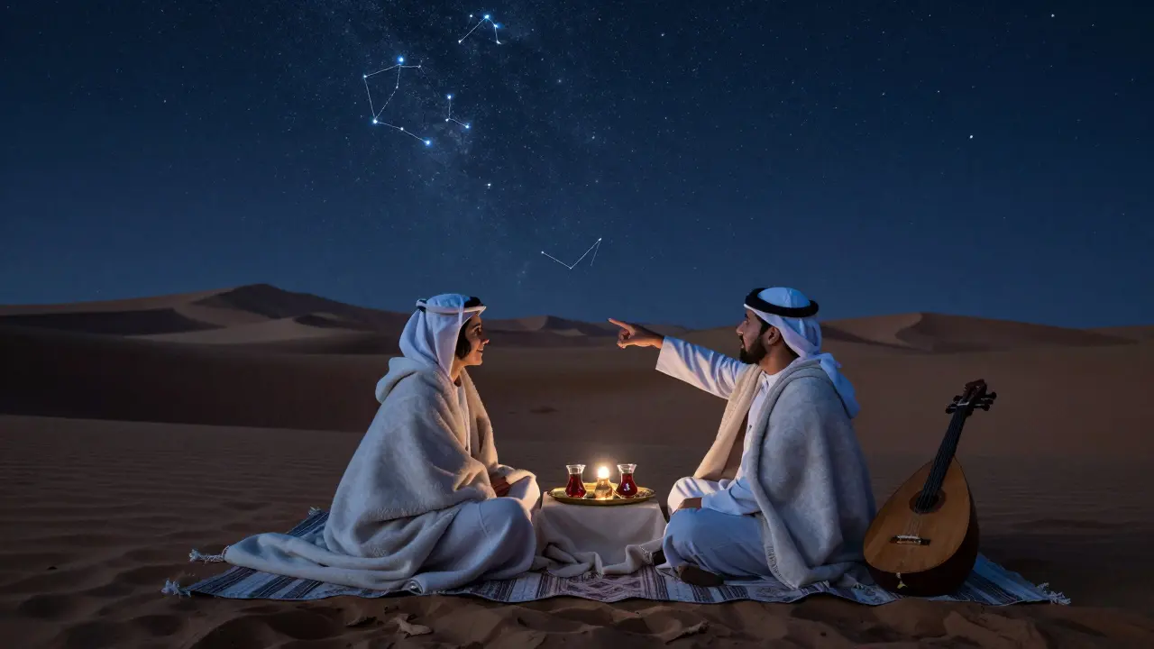 A pair stargazing in the desert, companion pointing to the night sky.