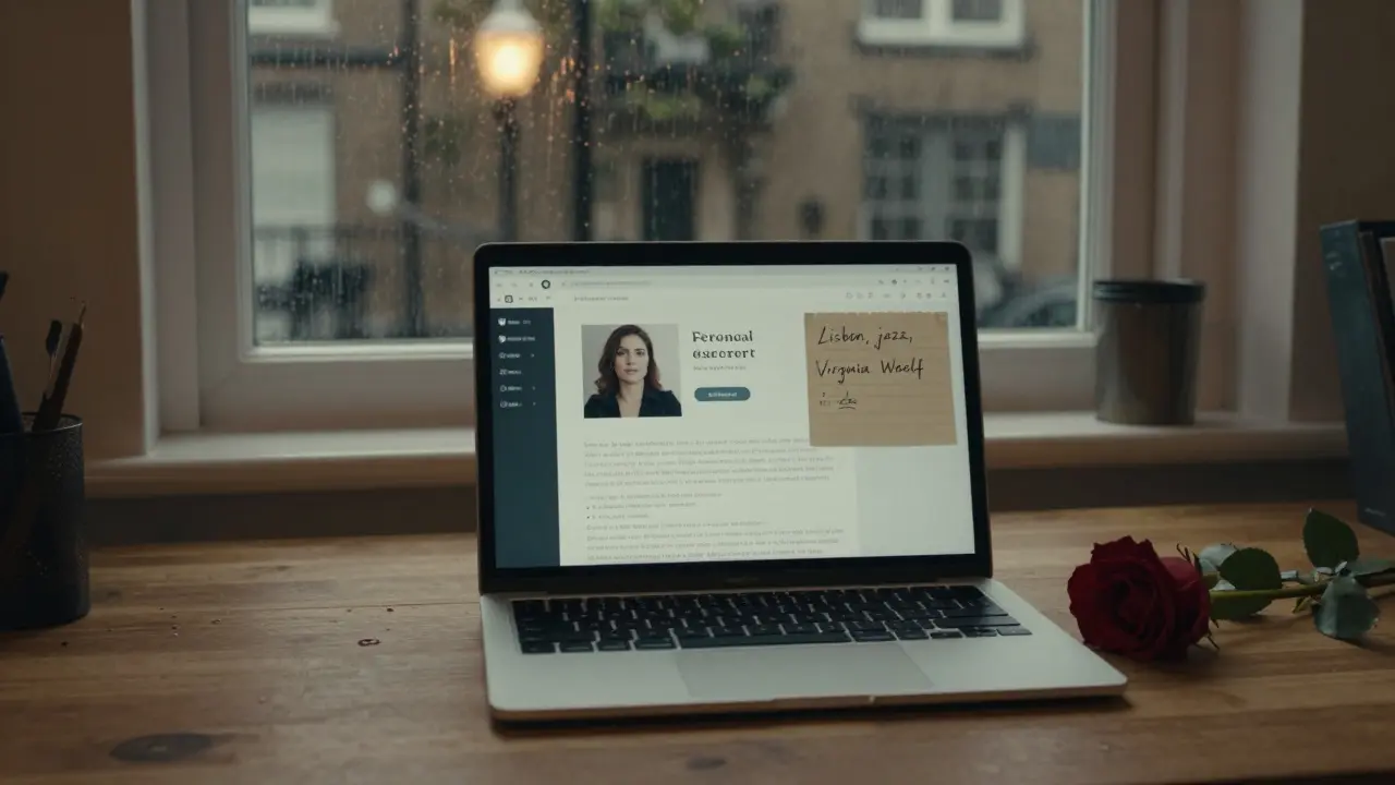 A personal escort profile on a laptop with handwritten notes and a red rose beside it in a cozy apartment.