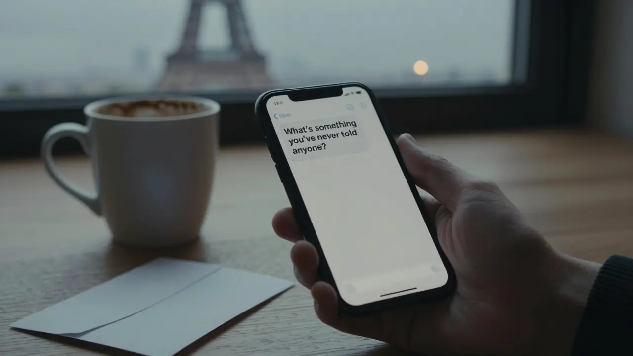 A private message on a phone asks about hidden truths beside a coffee cup and folded letter.