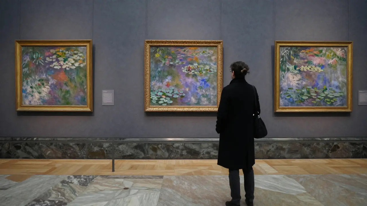 A private museum tour after hours, companion and client admiring impressionist art in soft light.