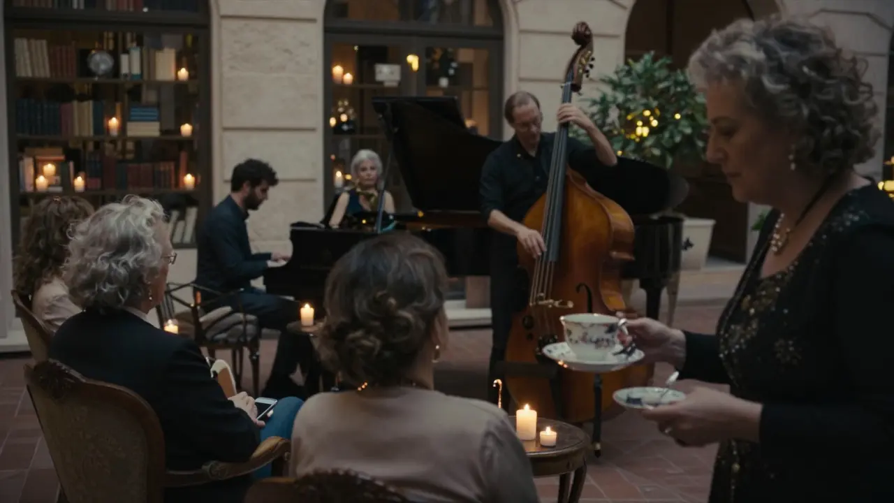 A quiet jazz trio playing in a candlelit courtyard, guests listening intently in vintage chairs.