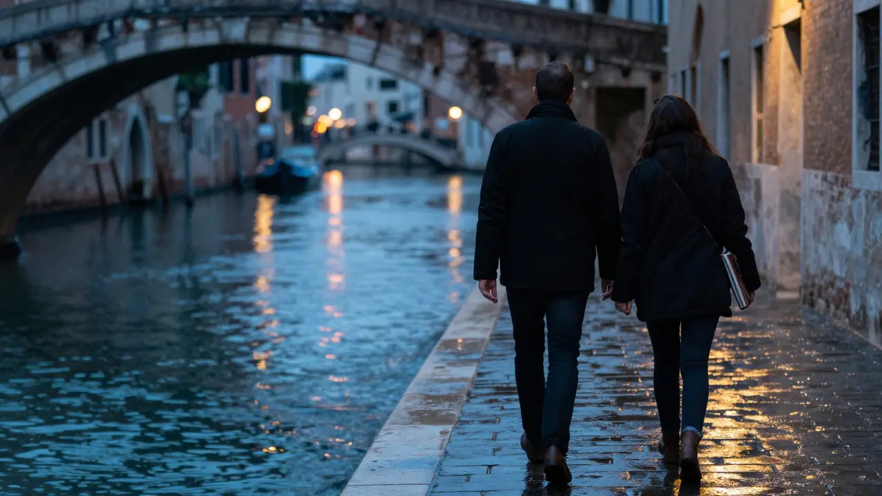 A quiet nighttime walk along the Navigli canal, reflections glowing on wet cobblestones.