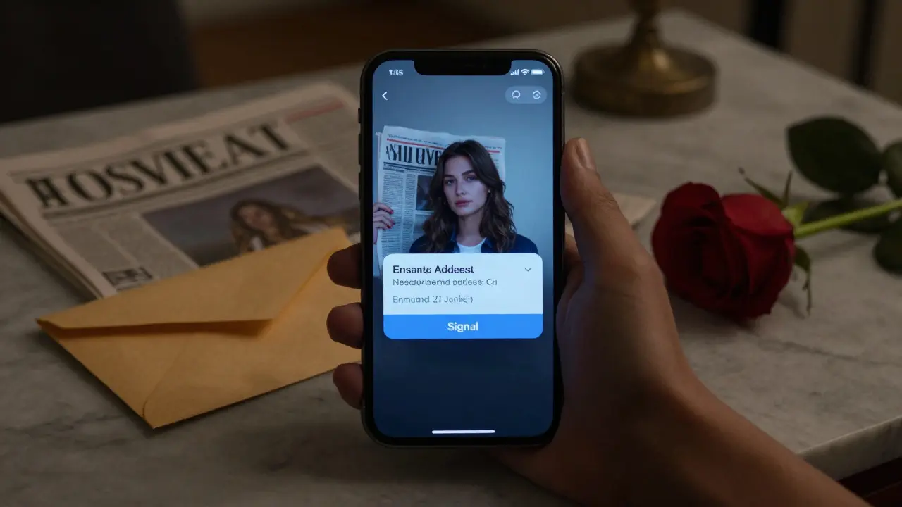 A smartphone showing an encrypted message with a verified photo and meeting details in a Paris apartment.