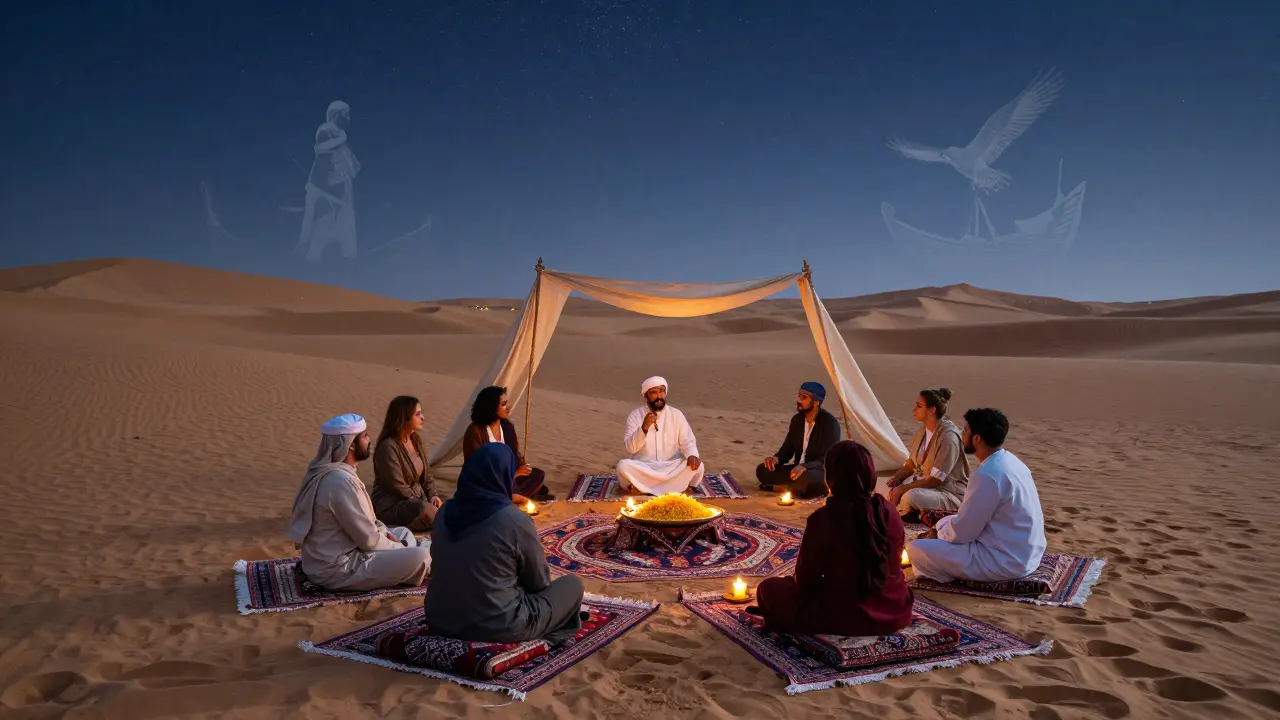 A storyteller under starry desert skies with guests seated on rugs, candlelight, and mythical silhouettes.