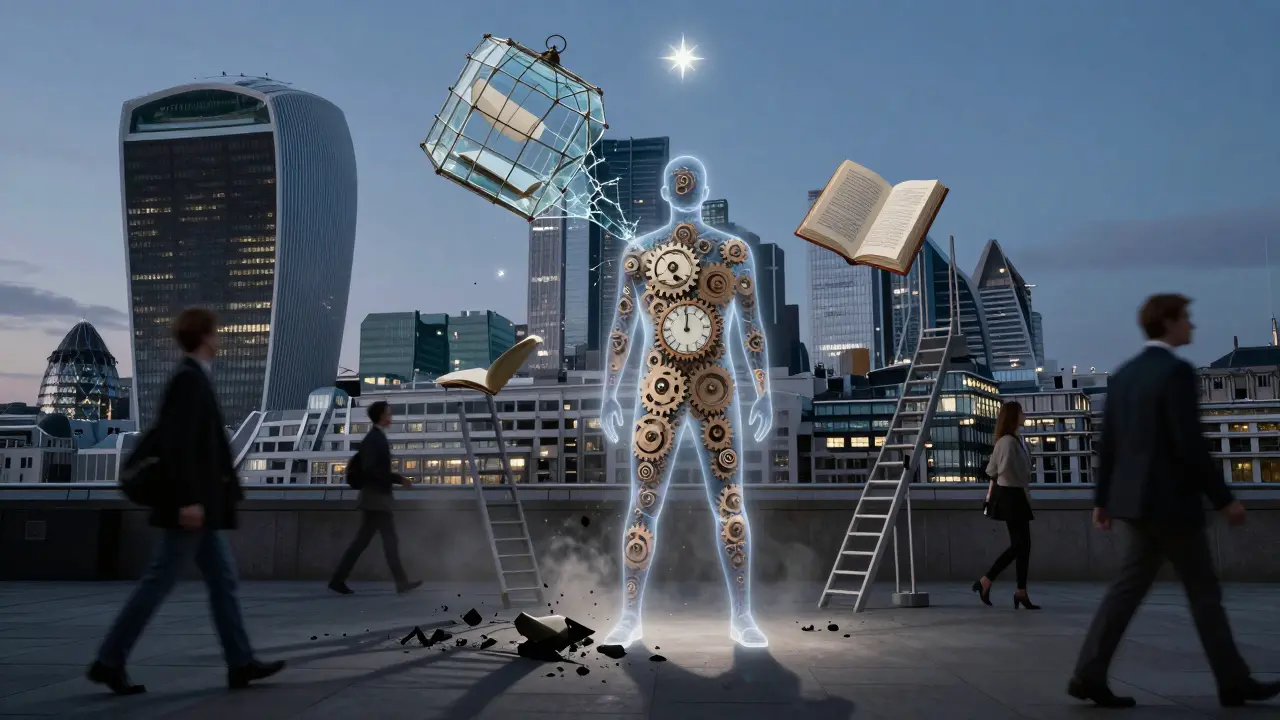 A transparent figure stands free amid crumbling corporate symbols, symbolizing autonomy and self-determination.