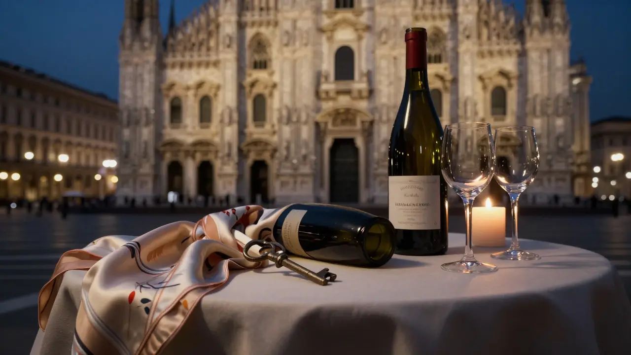 A vintage key and wine glasses on silk at a hidden table near the Duomo, candlelit and intimate.