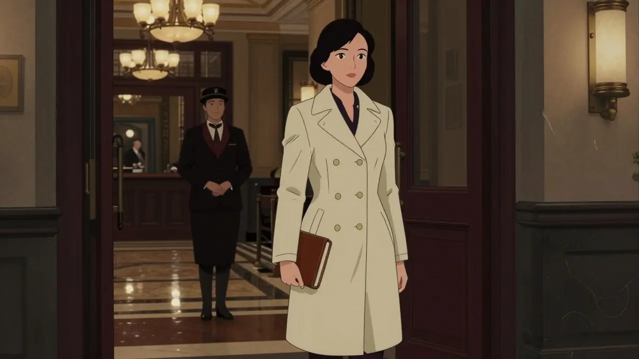 A well-dressed woman entering a luxury hotel, holding a leather notebook, elegant and discreet.