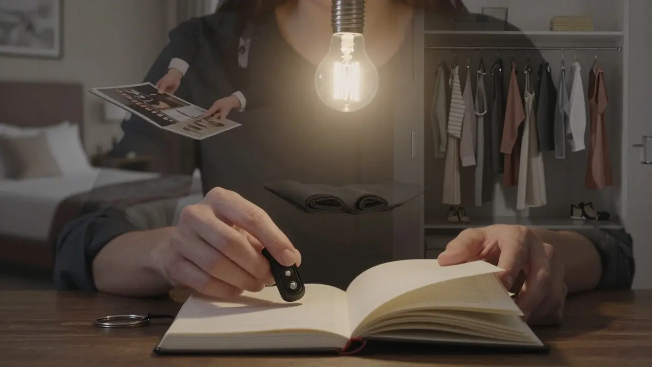 A woman's hands hold a panic button and a journal, with faint ghost images of her professional life behind her.