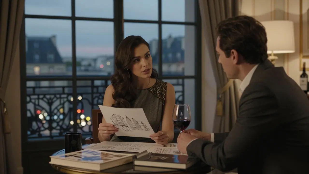 A woman and man discussing architectural sketches over wine in a luxurious Paris hotel room.