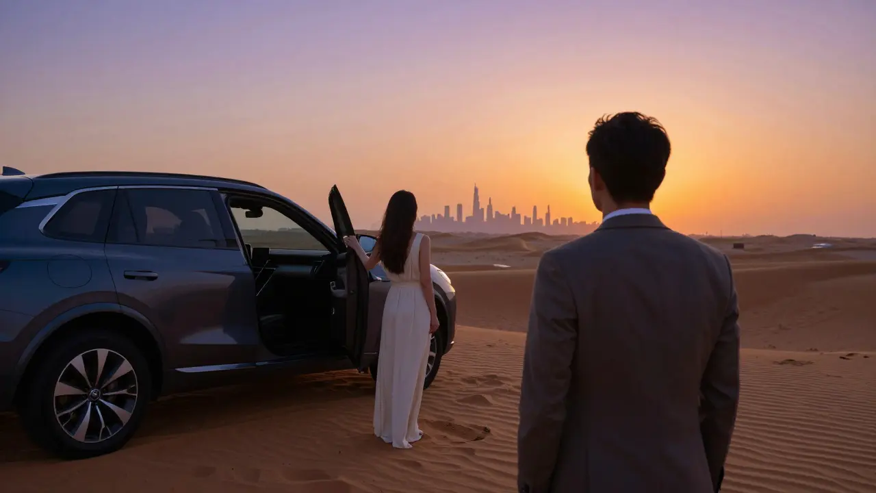 A woman and man standing silently on a desert dune at sunset, overlooking Dubai’s skyline in the distance.