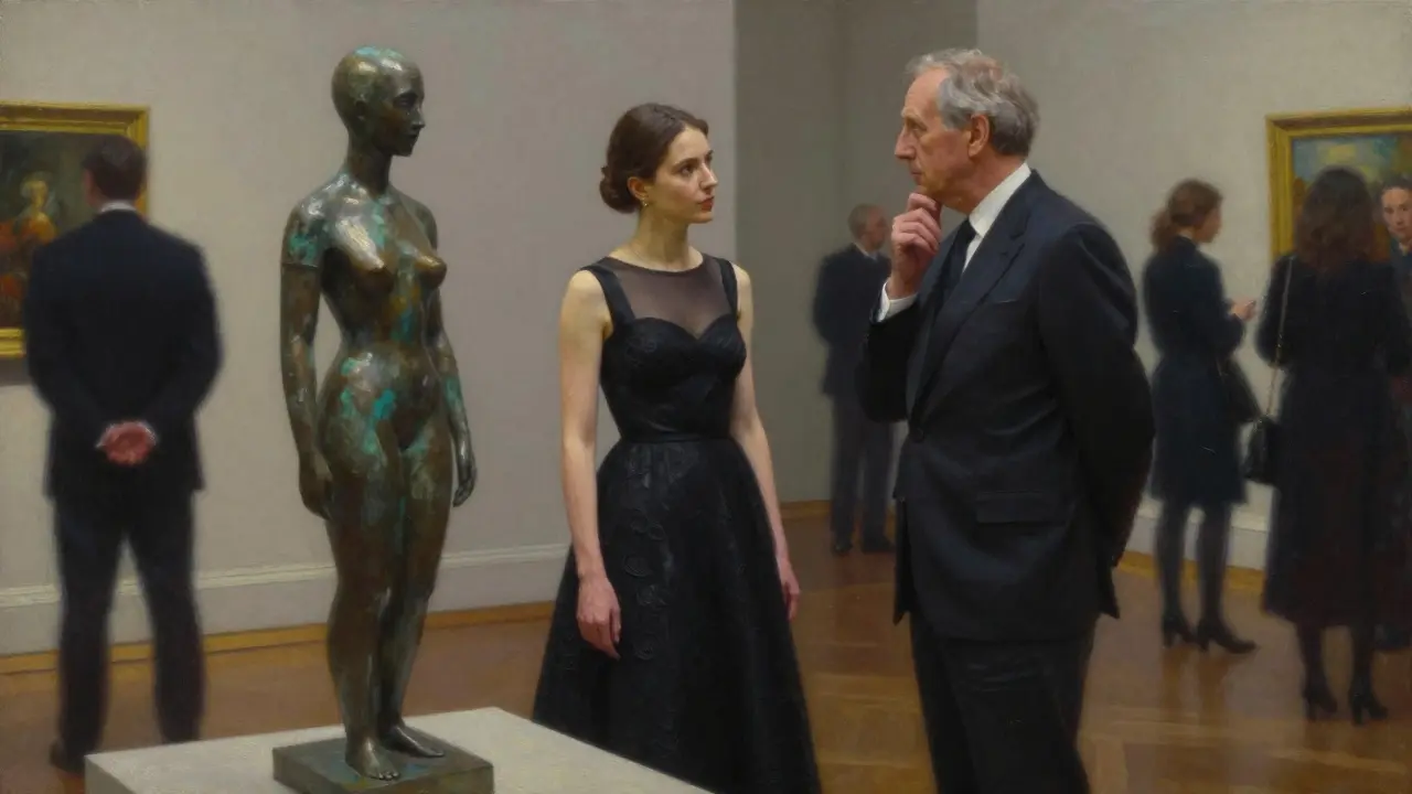 A woman in an elegant black gown listens intently beside a sculpture at a private art gallery opening.