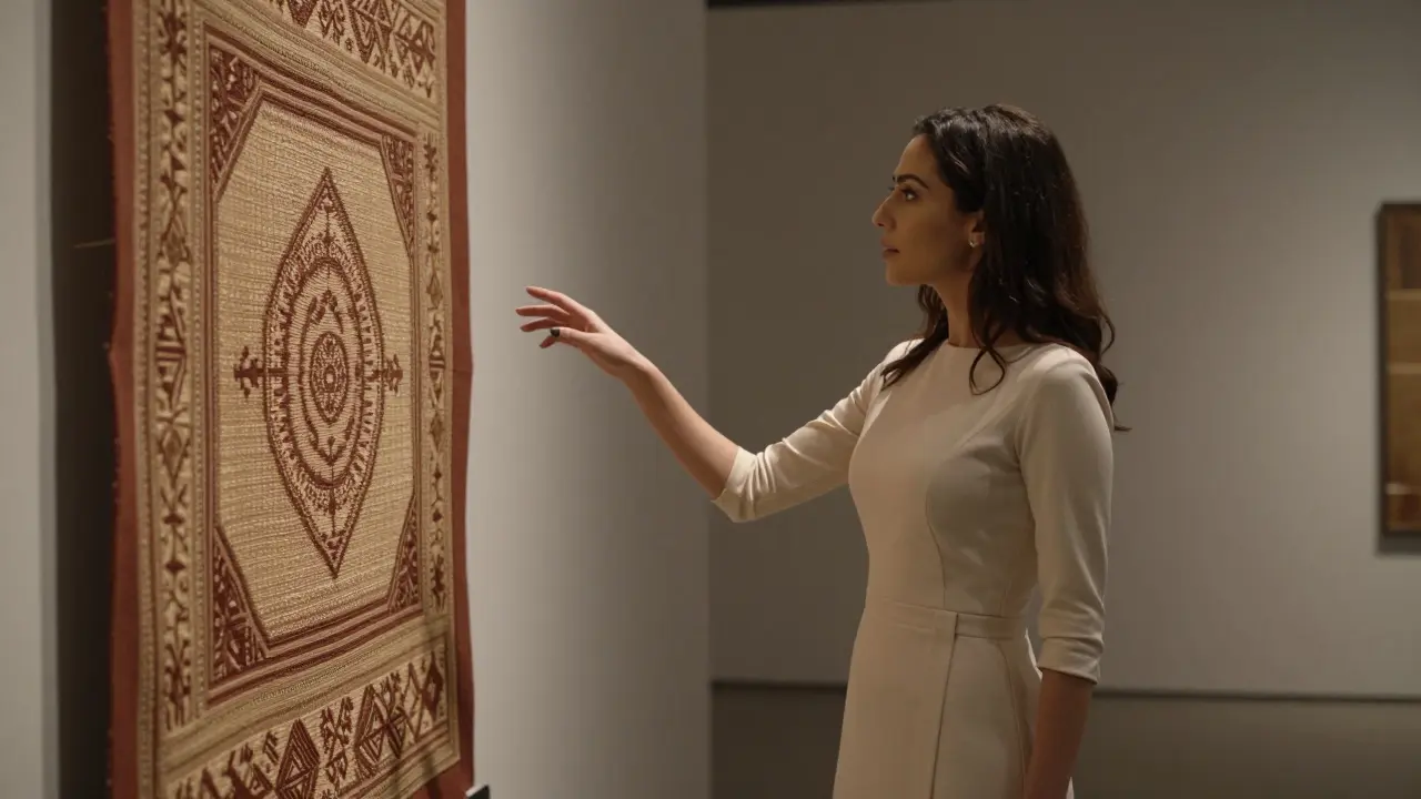A woman in an elegant dress points to a traditional textile exhibit in the Louvre Abu Dhabi, surrounded by art and soft lighting.