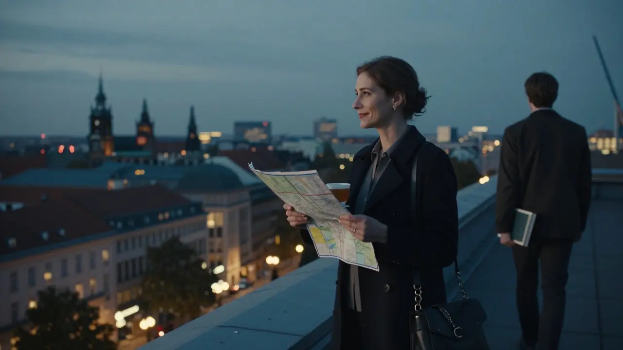 A woman on a historic Berlin water tower rooftop at dusk, overlooking the city with a map and tea.
