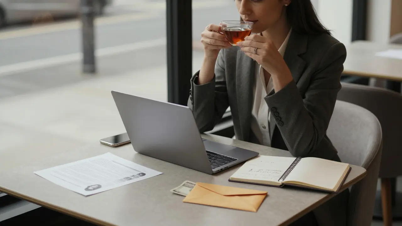 A woman sits calmly at a café in London with a printed escort profile and cash on the table.
