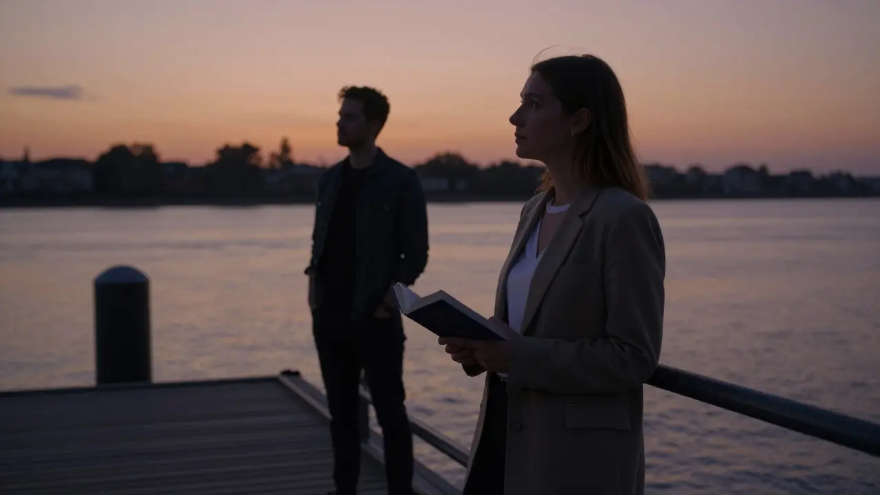 A woman stands by the Spree River at dusk, reading quietly, while a man watches peacefully in the background.
