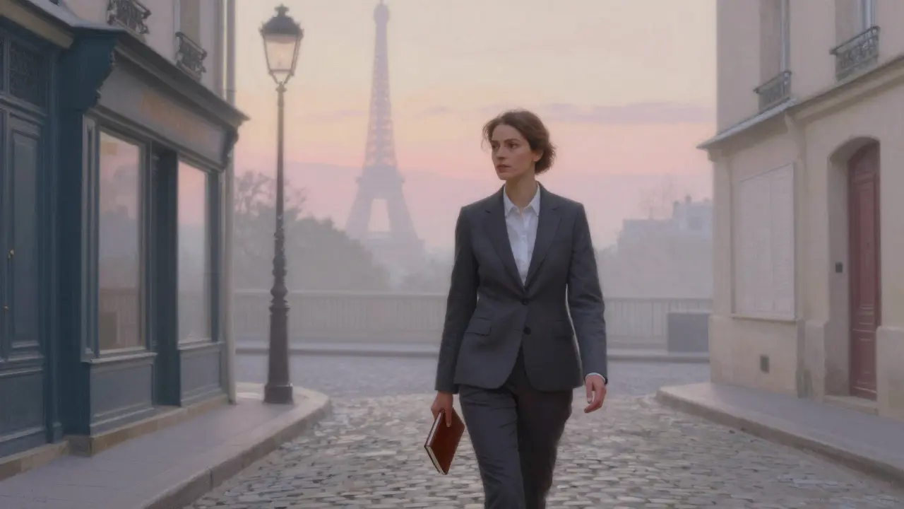 A woman walking alone in Montmartre at dawn, holding a journal, city quiet and misty.