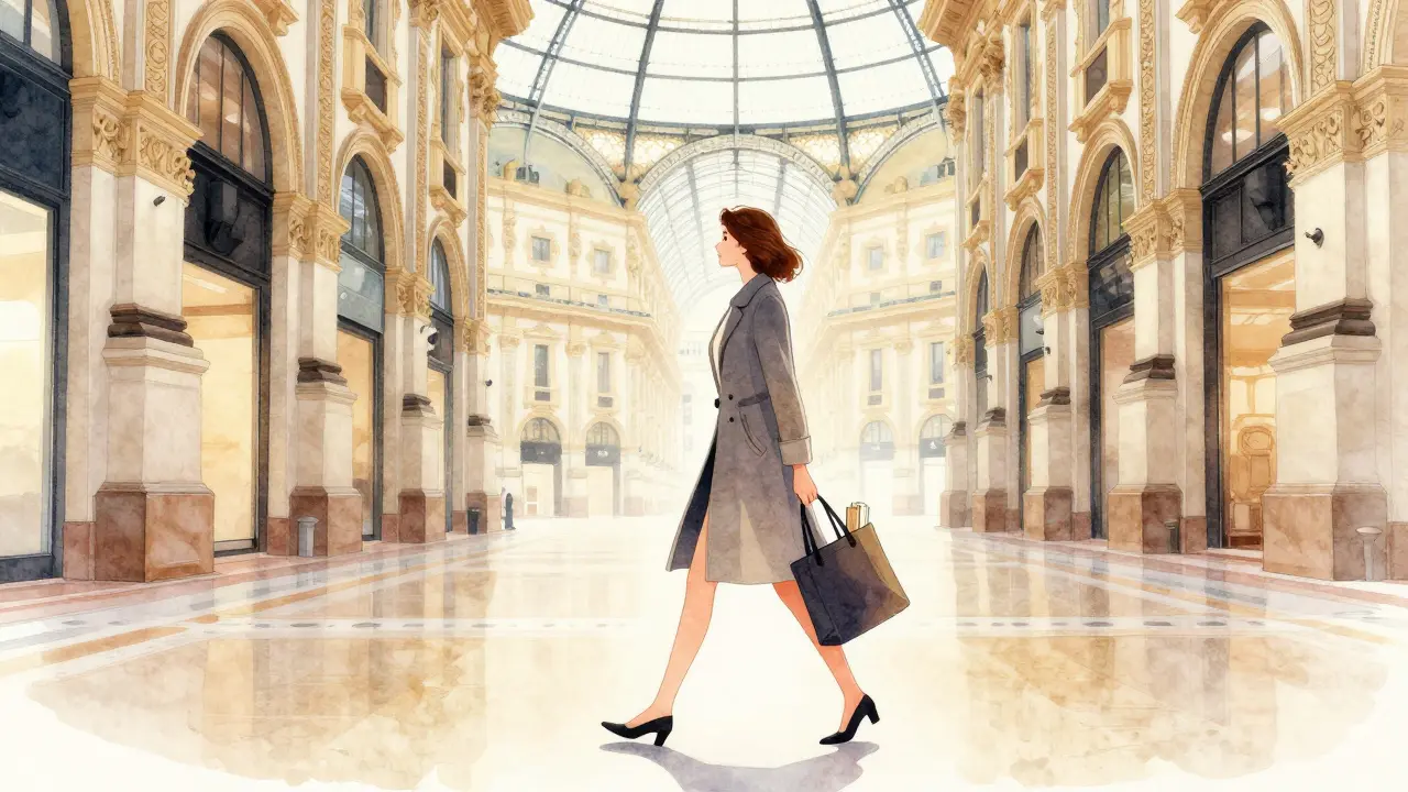 A woman walking alone through the empty Galleria Vittorio Emanuele II at dawn, elegant and serene.
